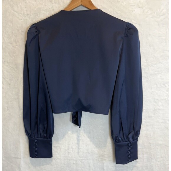 WAYF Pantsuit 2 Piece Satin Crop Tie Top Wide Leg Pants Navy Blue Large - Picture 3 of 14